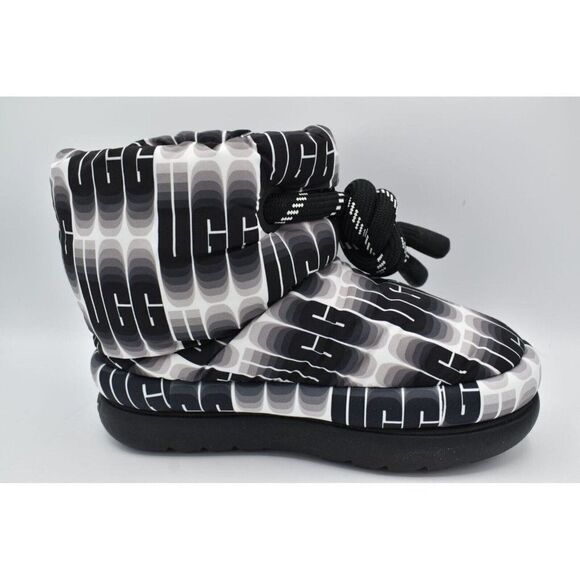 UGG Womens Size 7 Classic Maxi Black White Wave UGGPlush Wool Blend Short Boots - Picture 3 of 13